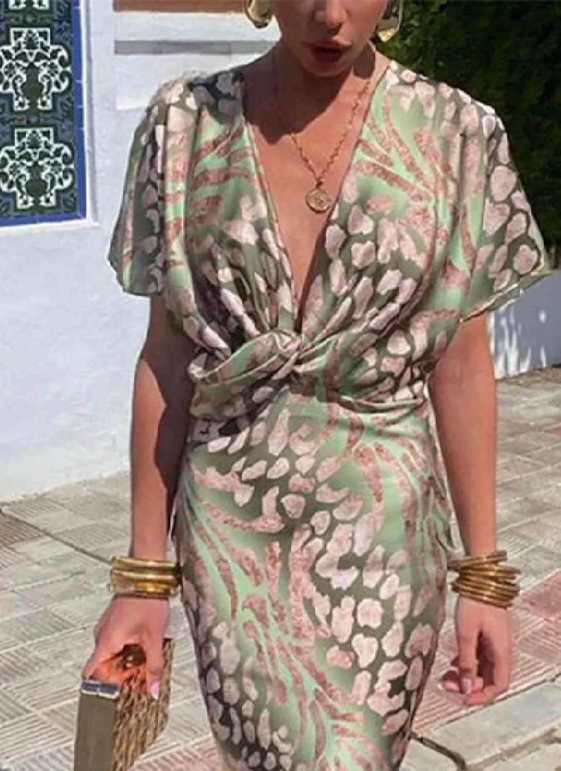 Women's Green Print Short Sleeve V-Neck Knot Detail Maxi Dress 2025 Summer Slim Fit Dress Elegant Party Casual Wear