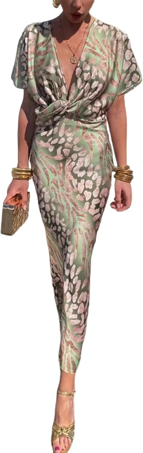 Women's Green Print Short Sleeve V-Neck Knot Detail Maxi Dress 2025 Summer Slim Fit Dress Elegant Party Casual Wear