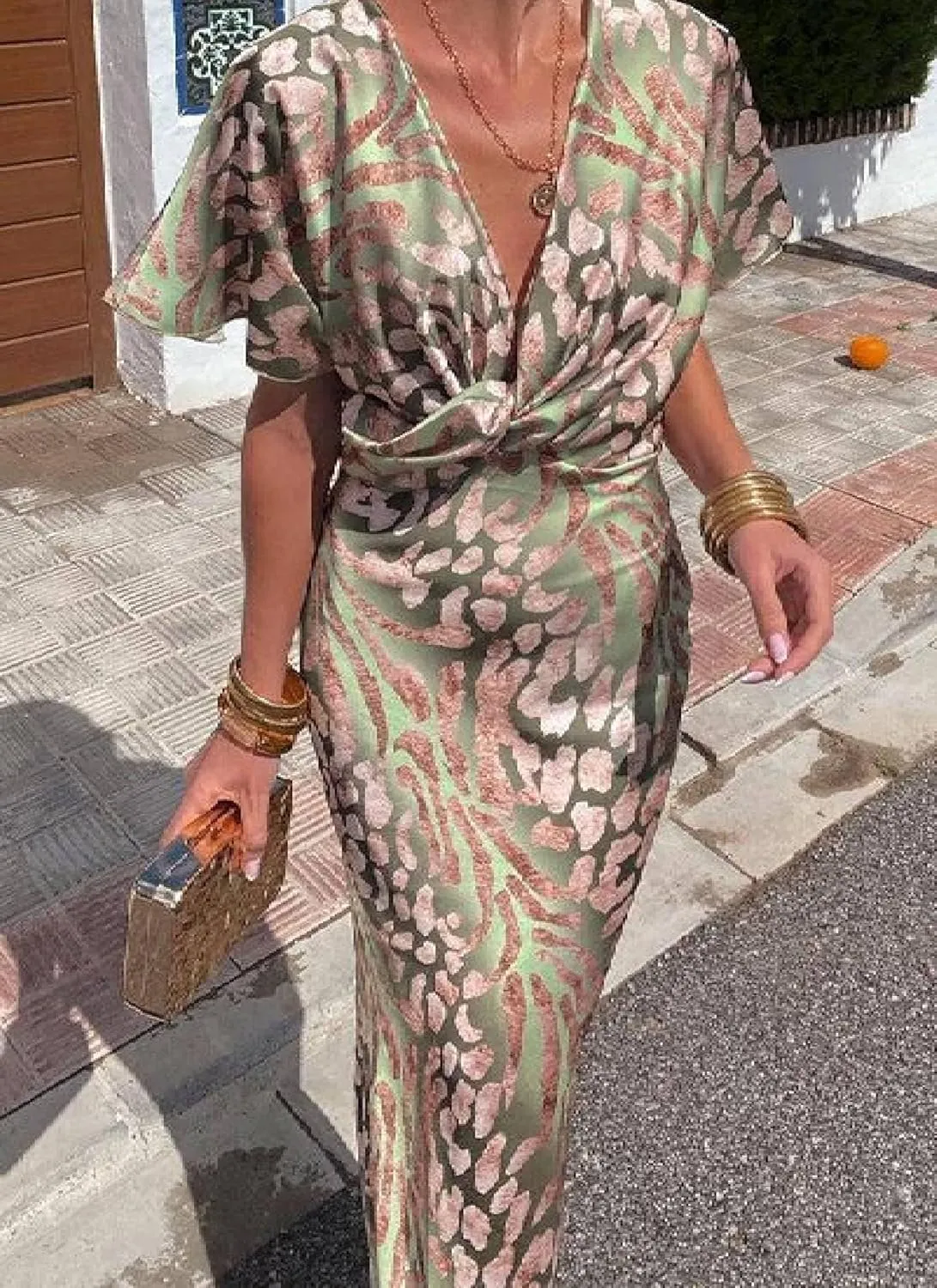 Women's Green Print Short Sleeve V-Neck Knot Detail Maxi Dress 2025 Summer Slim Fit Dress Elegant Party Casual Wear