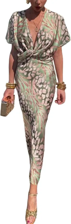 Women's Green Print Short Sleeve V-Neck Knot Detail Maxi Dress 2025 Summer Slim Fit Dress Elegant Party Casual Wear