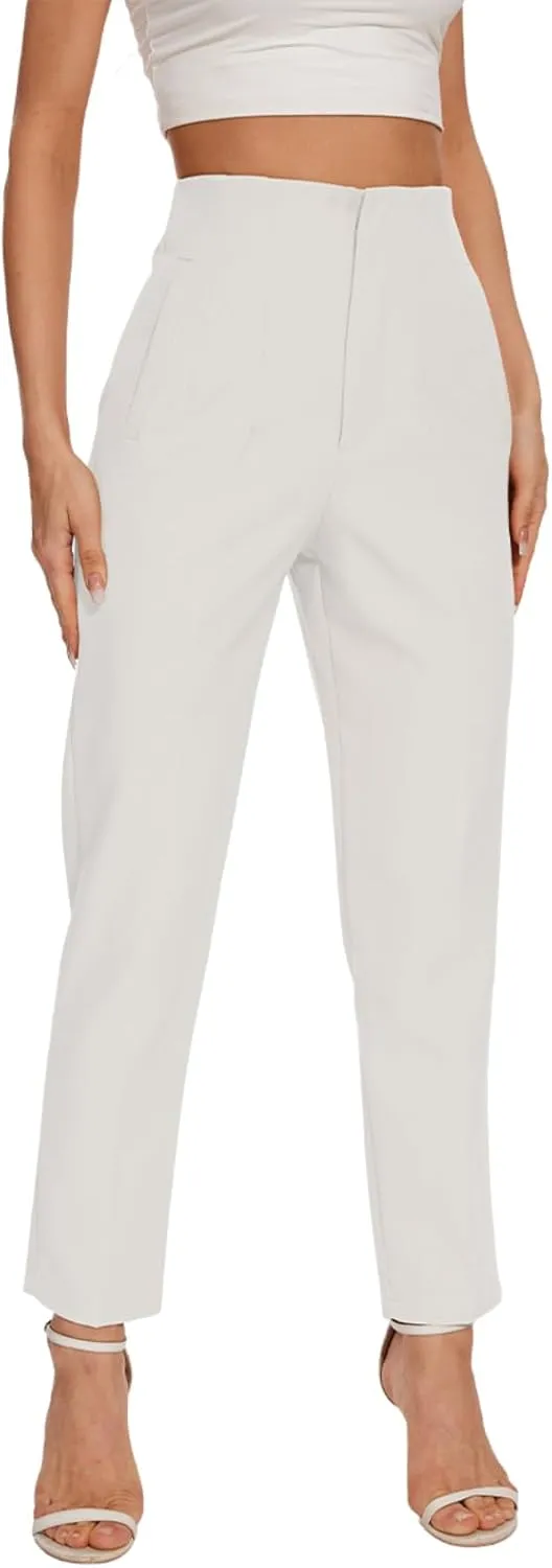 Women's High Waisted Pants - Straight Leg Dress Trousers with Pockets and Seam Design for Business Office Casual