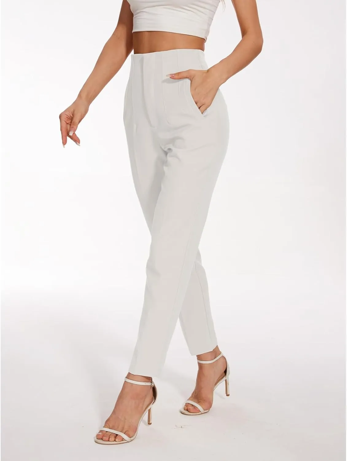 Women's High Waisted Pants - Straight Leg Dress Trousers with Pockets and Seam Design for Business Office Casual