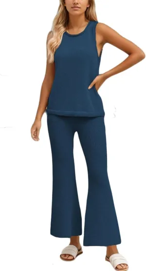 Womens Knit Lounge Set Sleeveless Pjs Sweater Sets 2 Piece Summer Outfits Loungewear