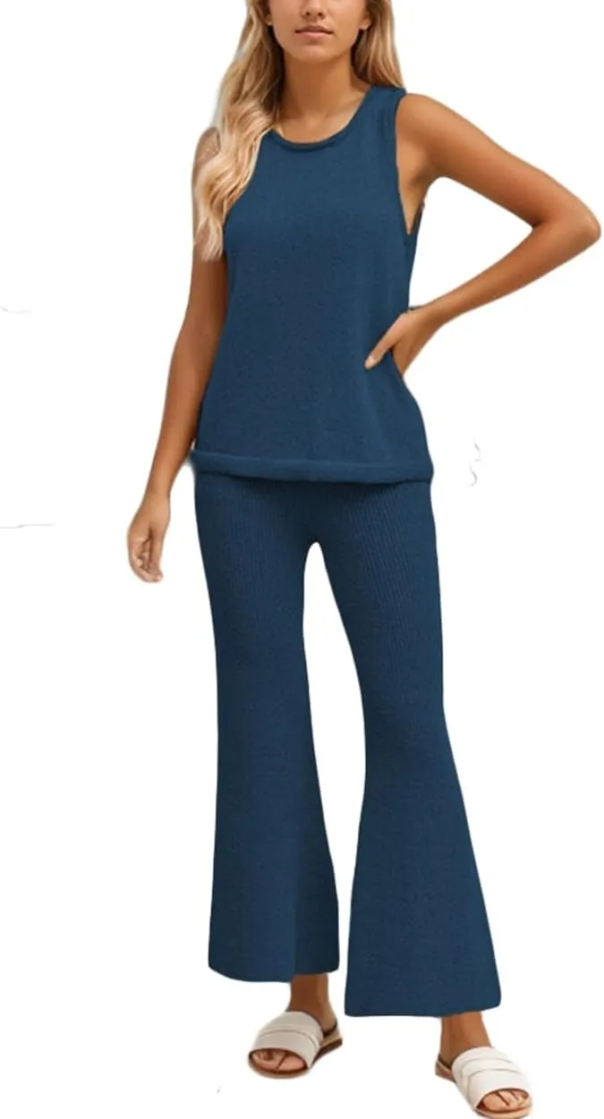 Womens Knit Lounge Set Sleeveless Pjs Sweater Sets 2 Piece Summer Outfits Loungewear