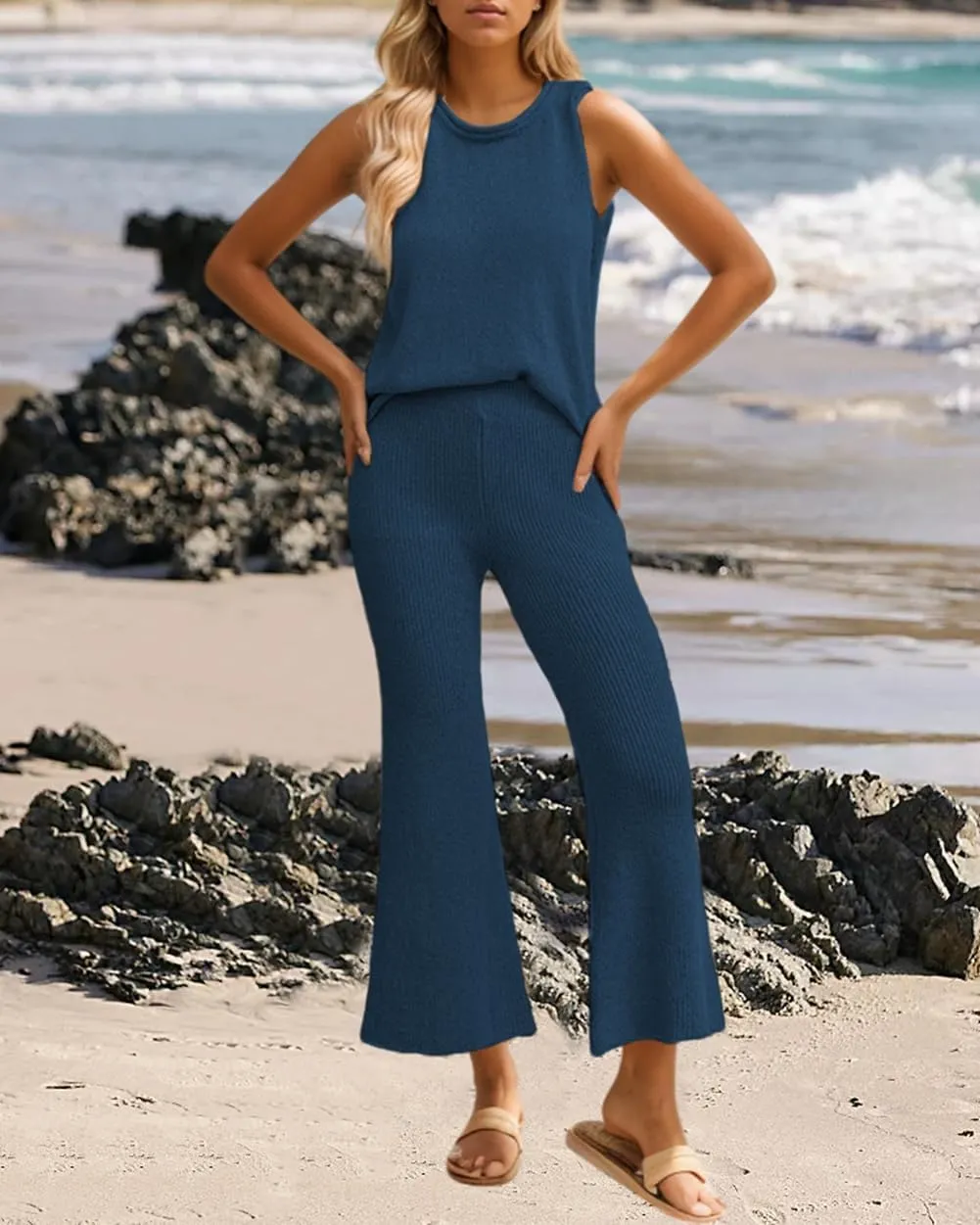Womens Knit Lounge Set Sleeveless Pjs Sweater Sets 2 Piece Summer Outfits Loungewear
