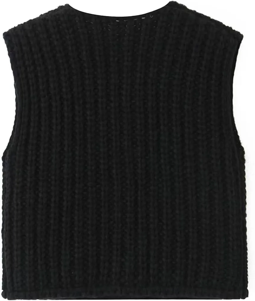 Womens Knit Vest Tops Sleeveless Cropped Chunky Sweater Vests Botton Down Lightweight Cardigan with Pockets