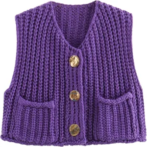 Womens Knit Vest Tops Sleeveless Cropped Chunky Sweater Vests Botton Down Lightweight Cardigan with Pockets