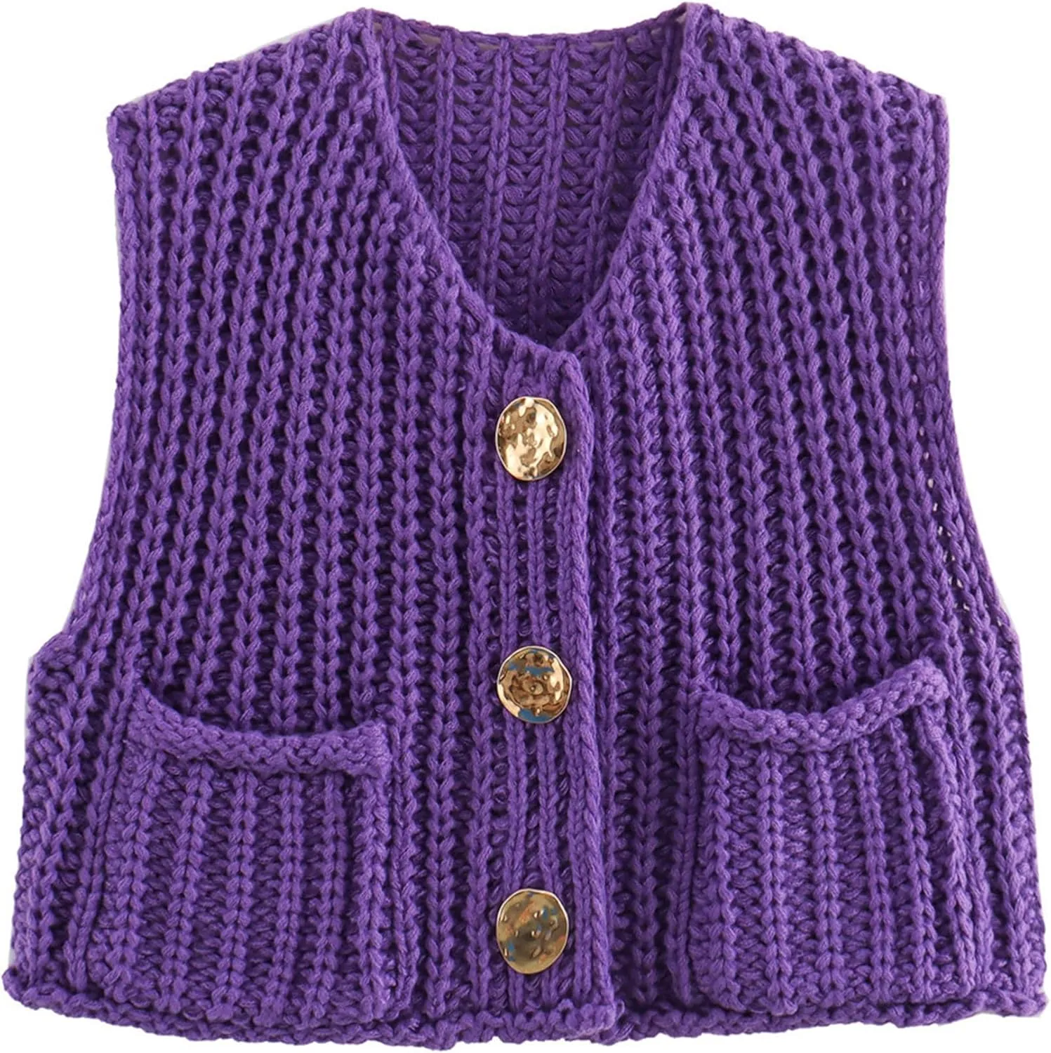 Womens Knit Vest Tops Sleeveless Cropped Chunky Sweater Vests Botton Down Lightweight Cardigan with Pockets