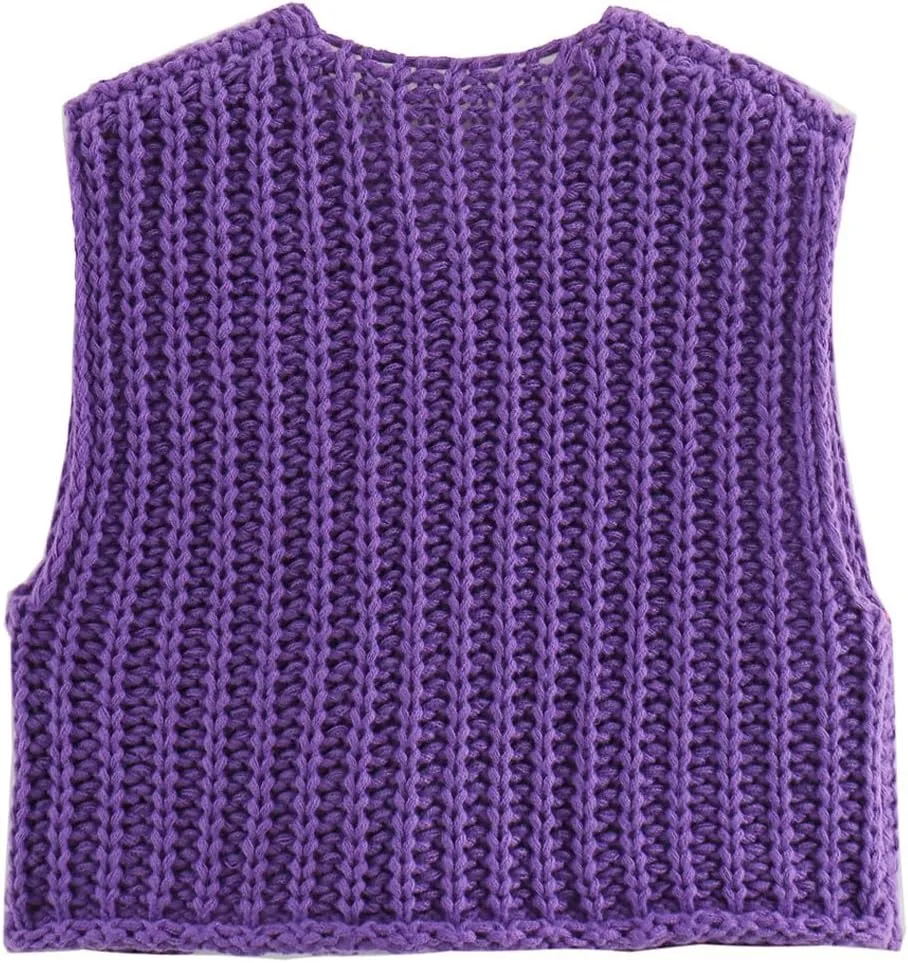 Womens Knit Vest Tops Sleeveless Cropped Chunky Sweater Vests Botton Down Lightweight Cardigan with Pockets