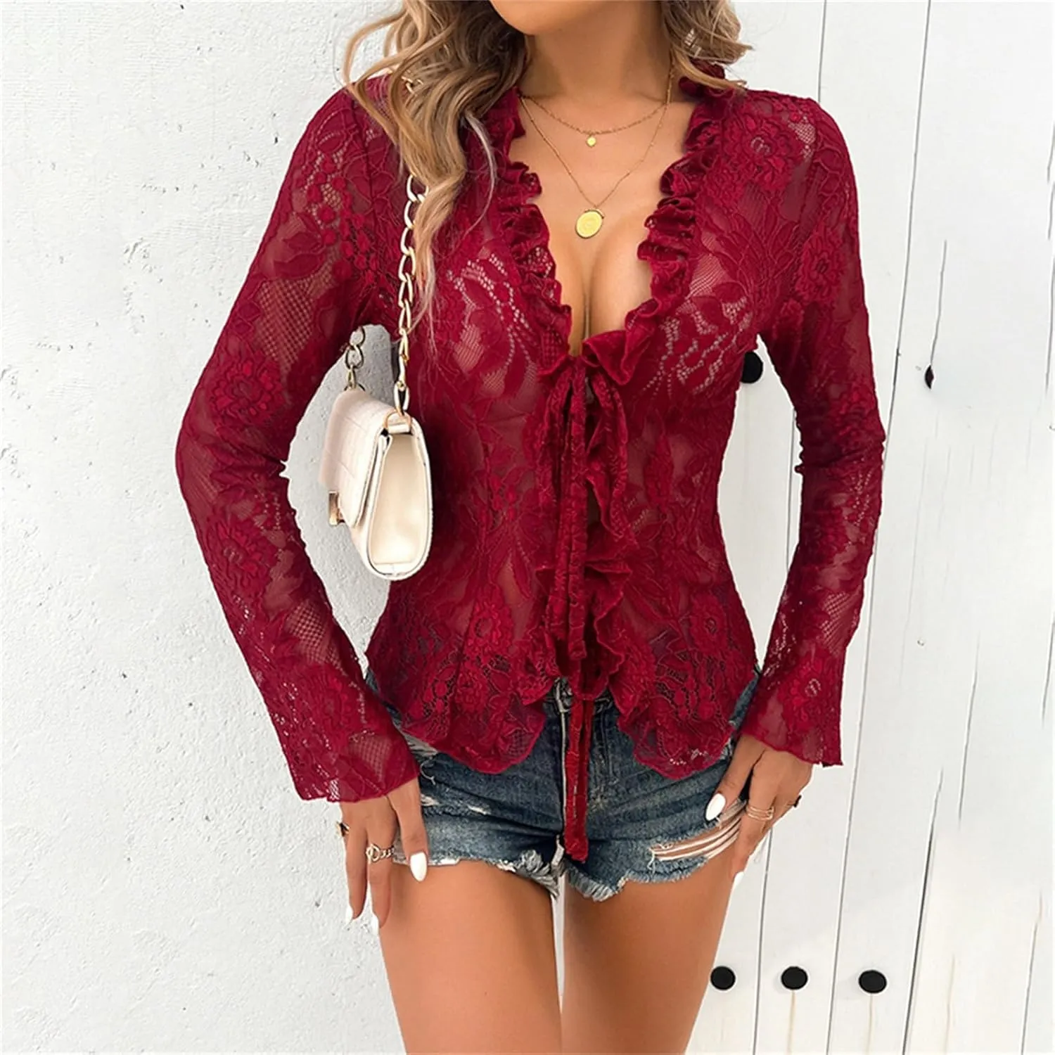 Women's Lace Long Sleeve Crop Top Sexy V Neck See Through Shirt Floral Lace Open Front Tie Blouse Streetwear