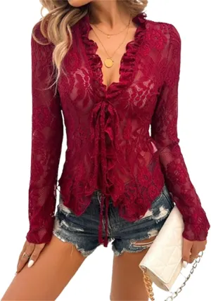 Women's Lace Long Sleeve Crop Top Sexy V Neck See Through Shirt Floral Lace Open Front Tie Blouse Streetwear