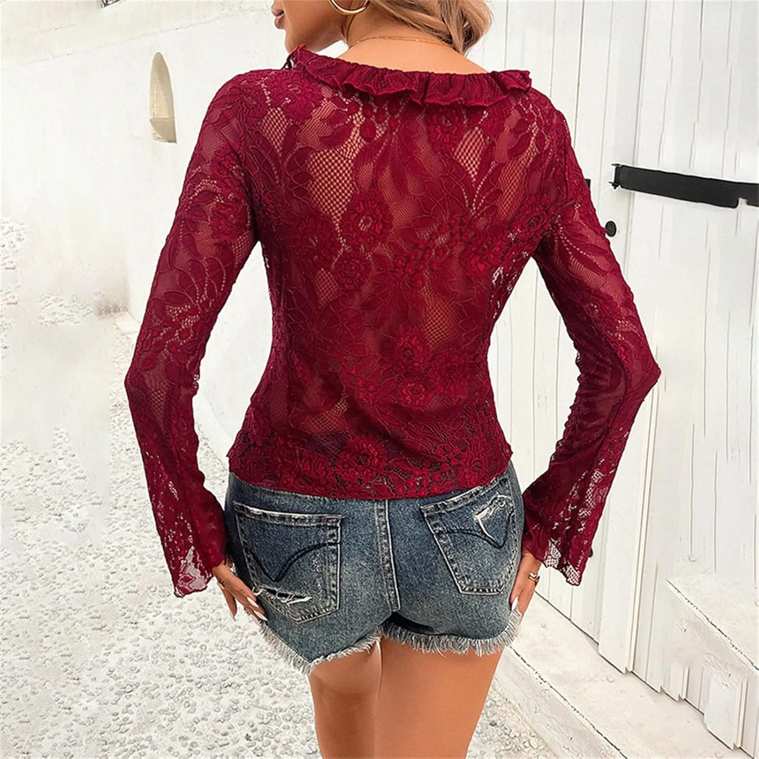 Women's Lace Long Sleeve Crop Top Sexy V Neck See Through Shirt Floral Lace Open Front Tie Blouse Streetwear