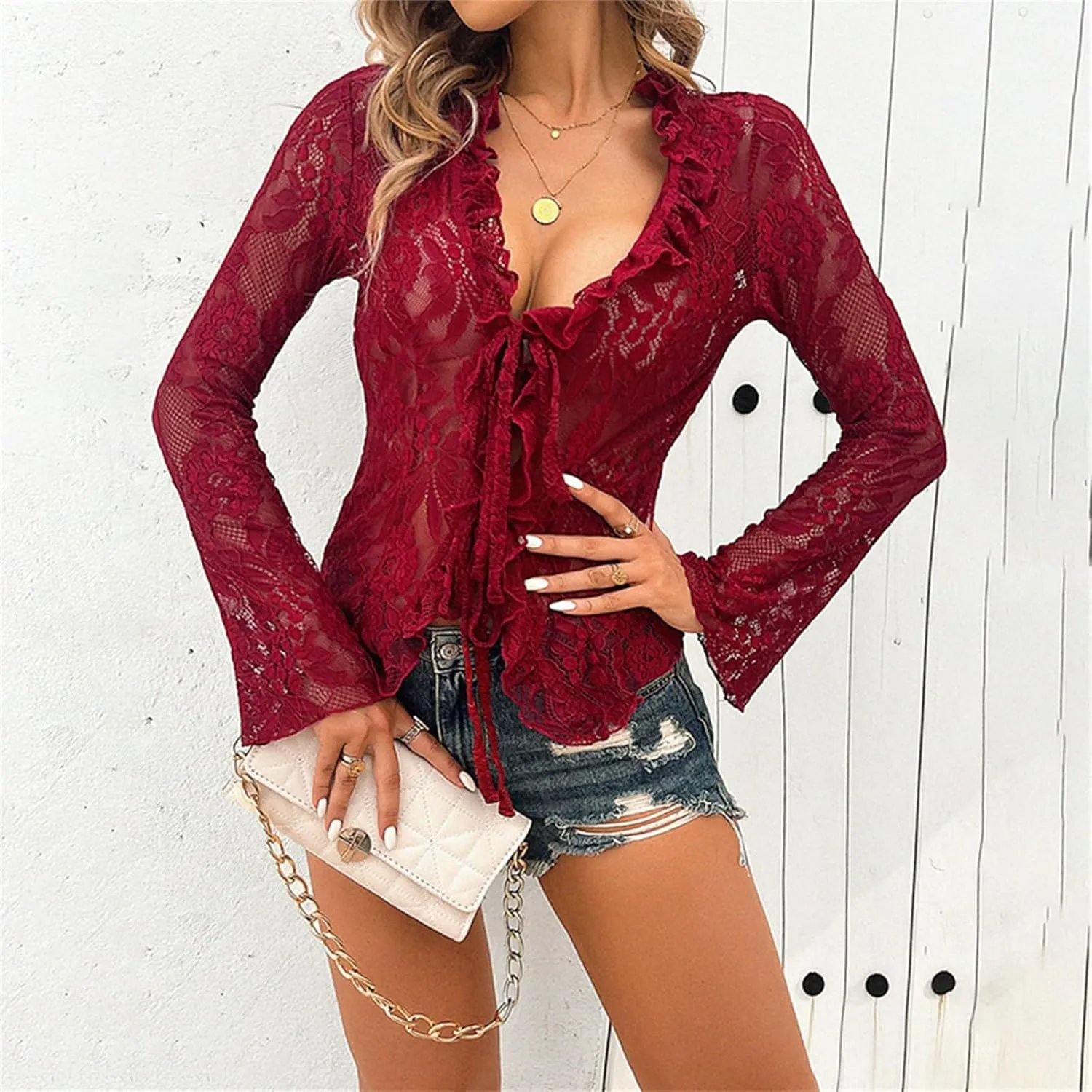 Women's Lace Long Sleeve Crop Top Sexy V Neck See Through Shirt Floral Lace Open Front Tie Blouse Streetwear