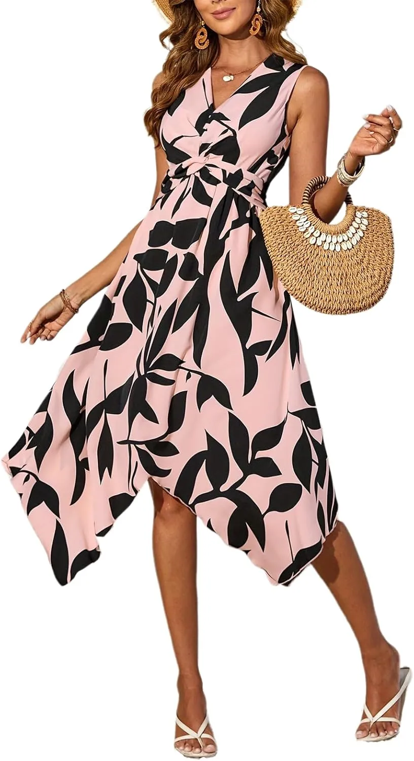 Women's Leaf Print Apricot Sleeveless V-Neck Wrap Midi Dresses with Waist Tie Elegant Causal 2025 Summer Fashion Clothes