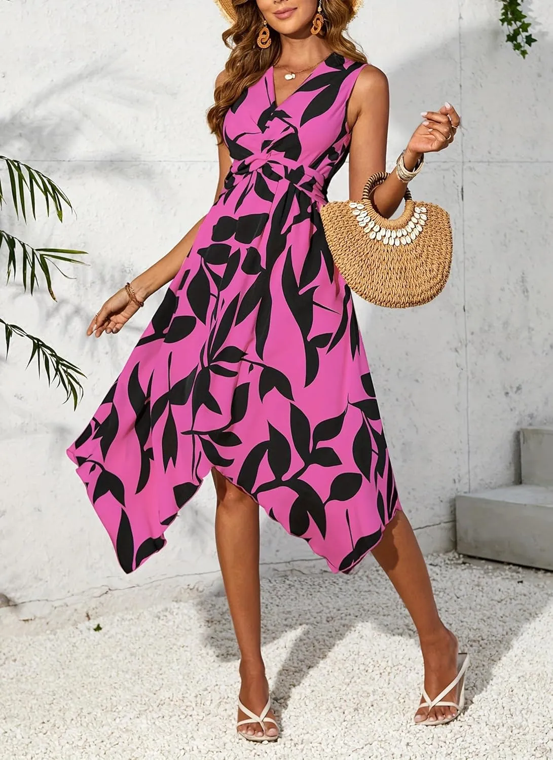 Women's Leaf Print Apricot Sleeveless V-Neck Wrap Midi Dresses with Waist Tie Elegant Causal 2025 Summer Fashion Clothes