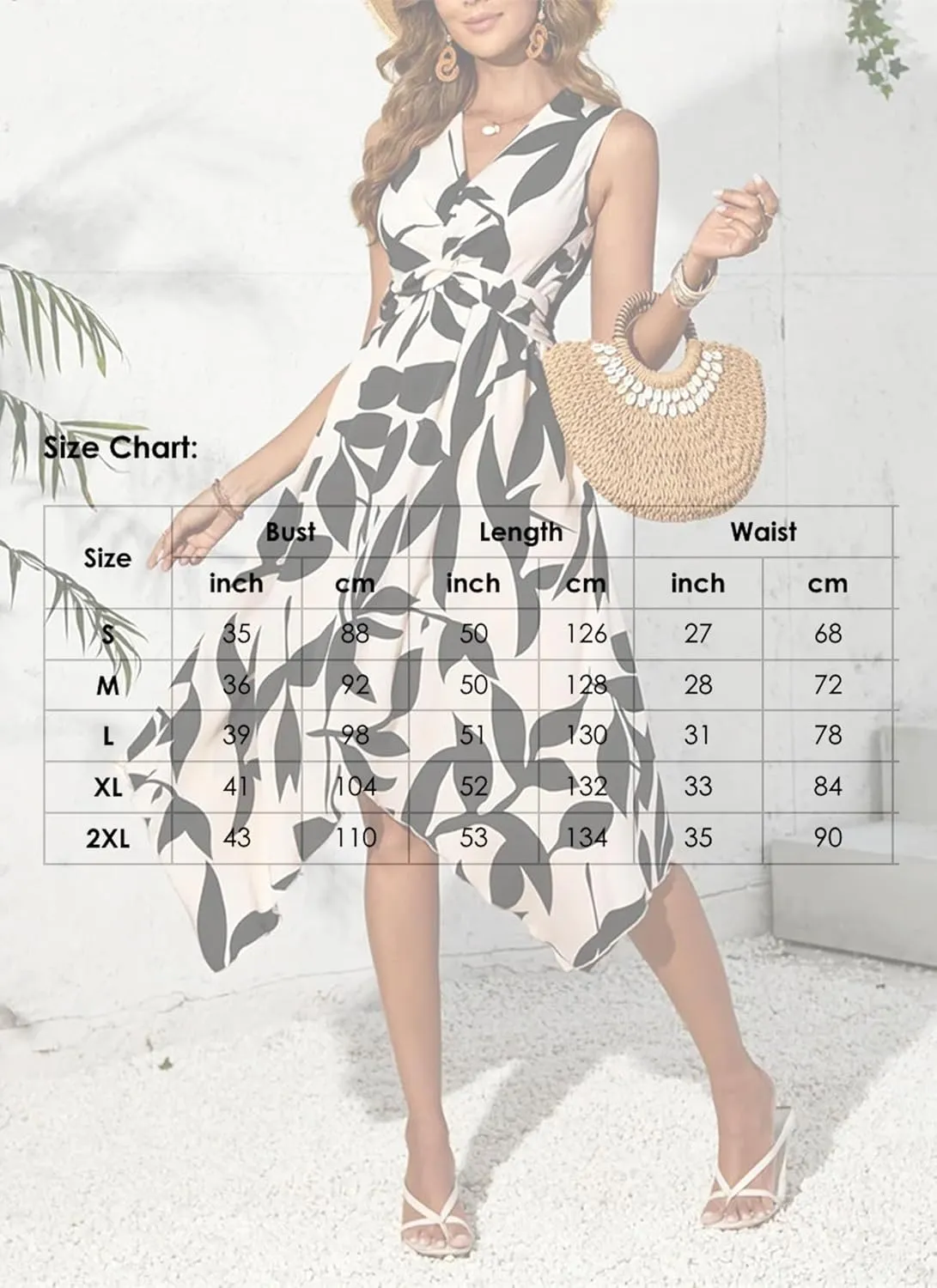 Women's Leaf Print Apricot Sleeveless V-Neck Wrap Midi Dresses with Waist Tie Elegant Causal 2025 Summer Fashion Clothes