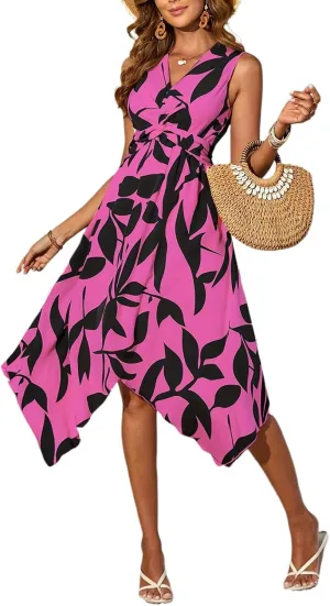Women's Leaf Print Apricot Sleeveless V-Neck Wrap Midi Dresses with Waist Tie Elegant Causal 2025 Summer Fashion Clothes