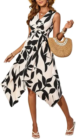 Women's Leaf Print Apricot Sleeveless V-Neck Wrap Midi Dresses with Waist Tie Elegant Causal 2025 Summer Fashion Clothes