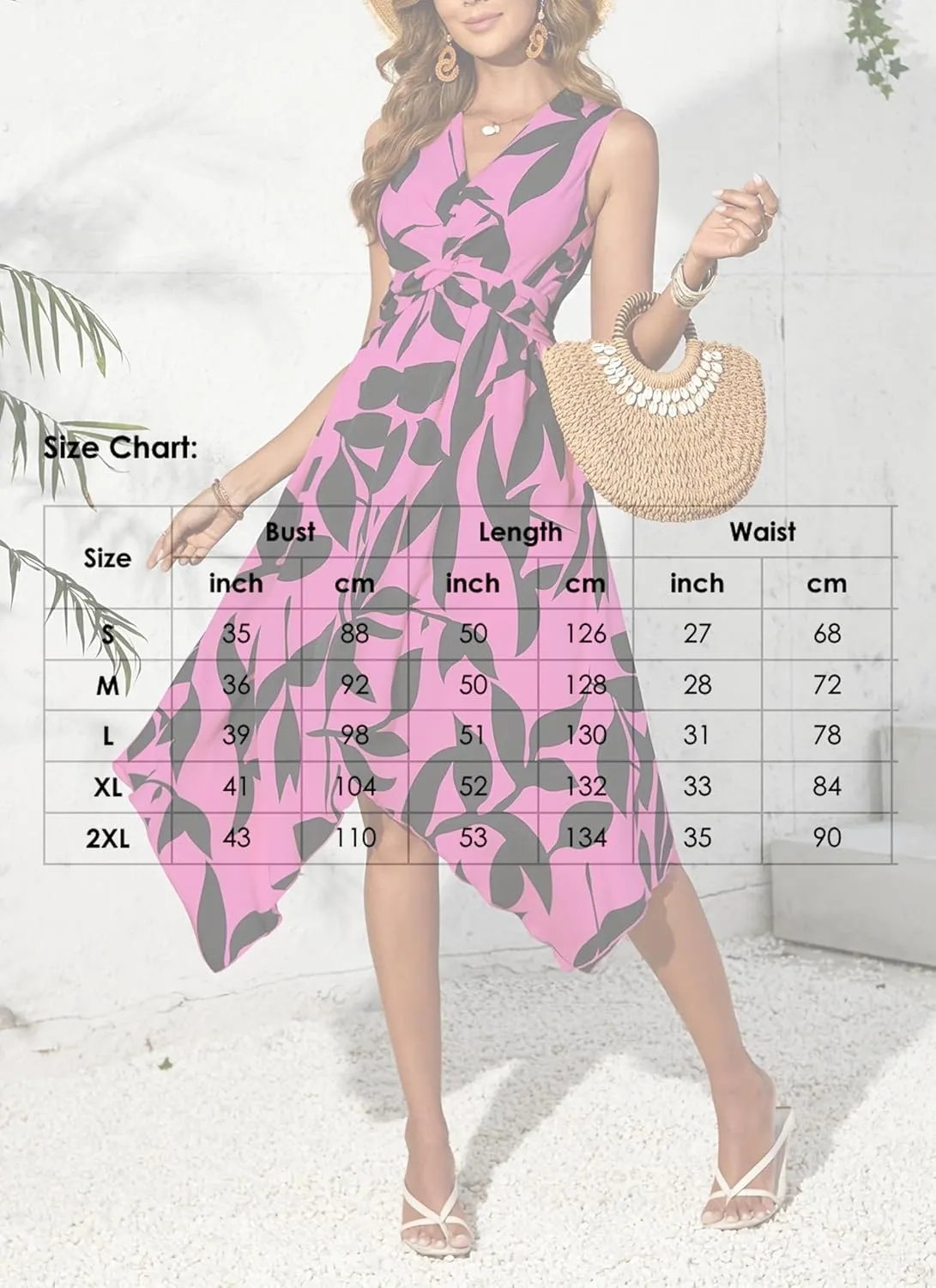 Women's Leaf Print Apricot Sleeveless V-Neck Wrap Midi Dresses with Waist Tie Elegant Causal 2025 Summer Fashion Clothes