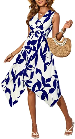 Women's Leaf Print Apricot Sleeveless V-Neck Wrap Midi Dresses with Waist Tie Elegant Causal 2025 Summer Fashion Clothes