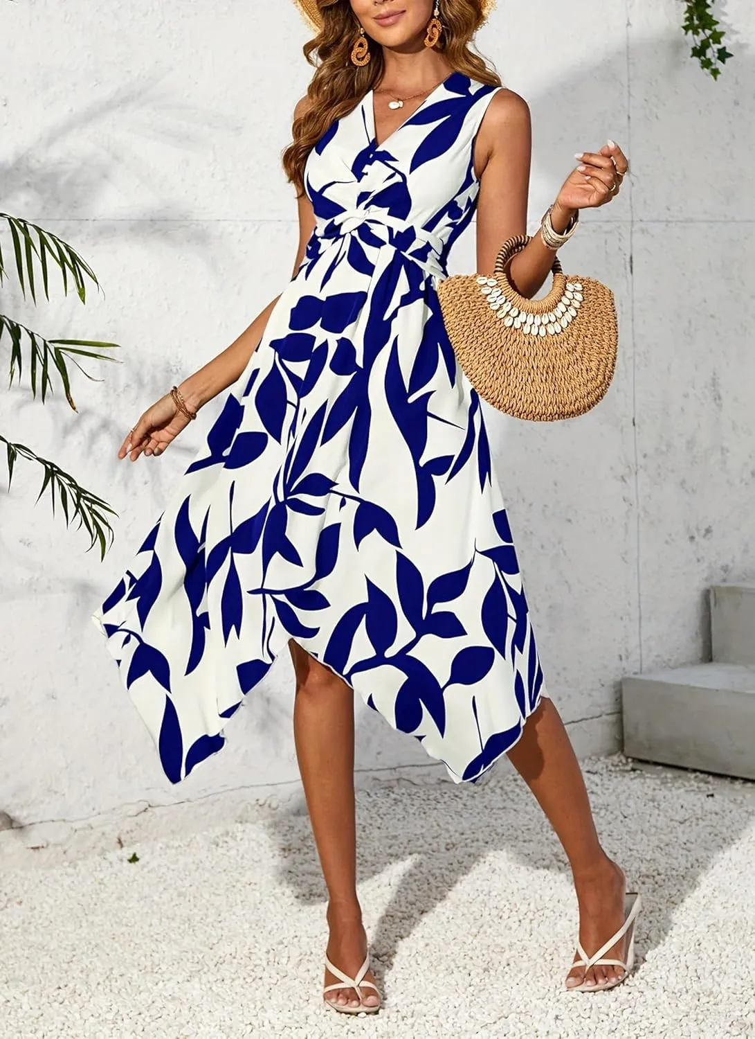 Women's Leaf Print Apricot Sleeveless V-Neck Wrap Midi Dresses with Waist Tie Elegant Causal 2025 Summer Fashion Clothes