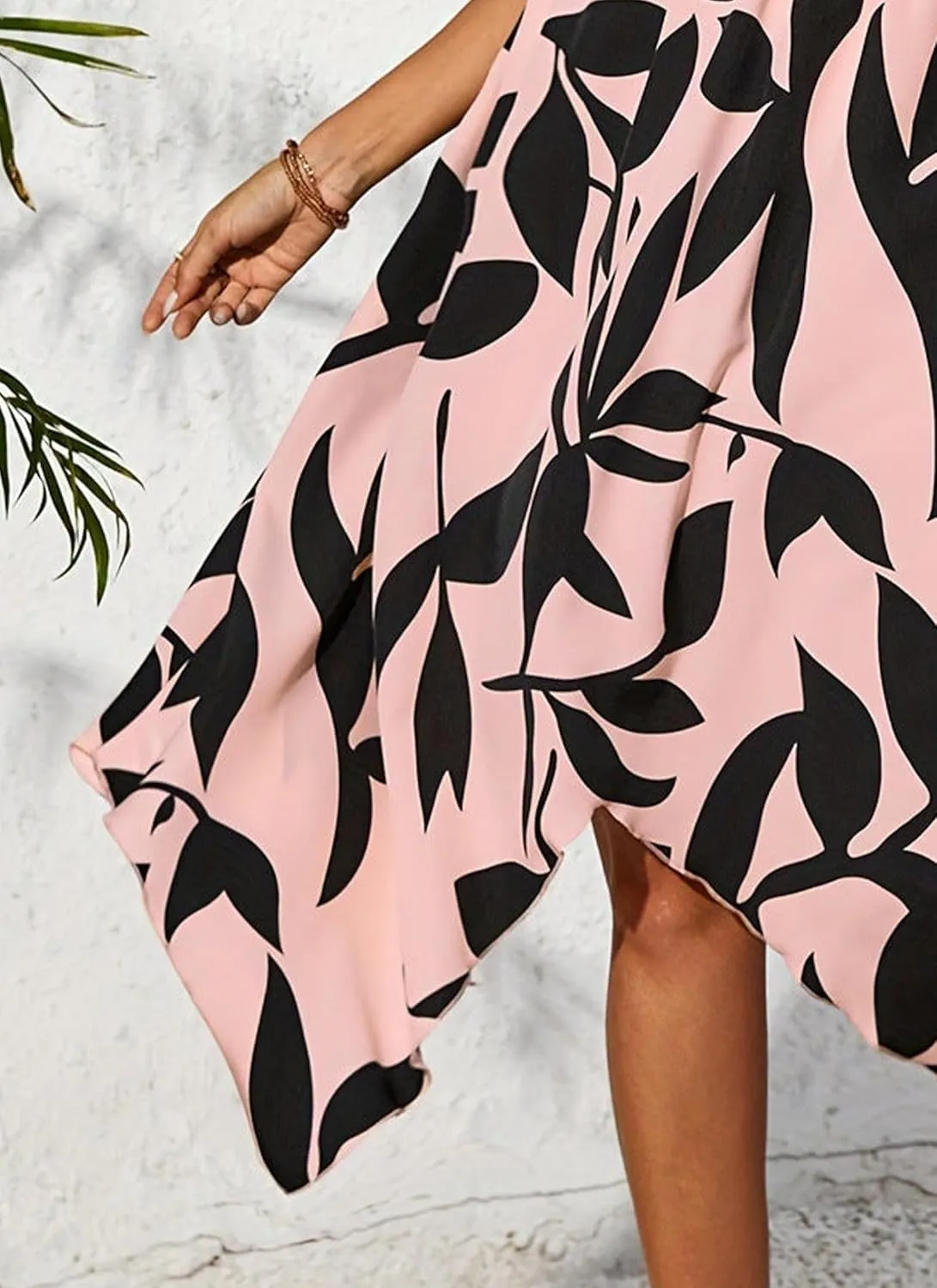 Women's Leaf Print Apricot Sleeveless V-Neck Wrap Midi Dresses with Waist Tie Elegant Causal 2025 Summer Fashion Clothes