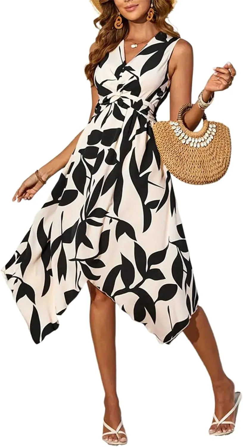 Women's Leaf Print Apricot Sleeveless V-Neck Wrap Midi Dresses with Waist Tie Elegant Causal 2025 Summer Fashion Clothes