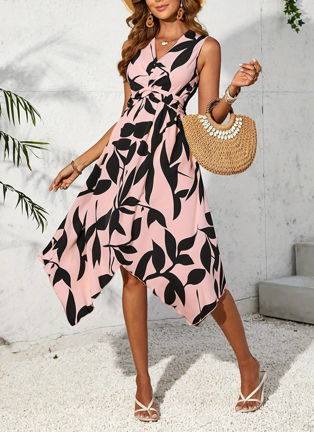 Women's Leaf Print Apricot Sleeveless V-Neck Wrap Midi Dresses with Waist Tie Elegant Causal 2025 Summer Fashion Clothes