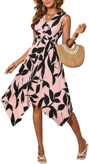 Women's Leaf Print Apricot Sleeveless V-Neck Wrap Midi Dresses with Waist Tie Elegant Causal 2025 Summer Fashion Clothes