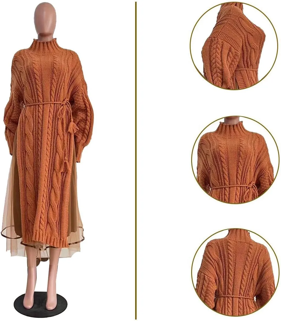 Womens Long Sweater Dress Long Sleeve Turtleneck Cable Knit Lace Slit A Line Pullover Dresses