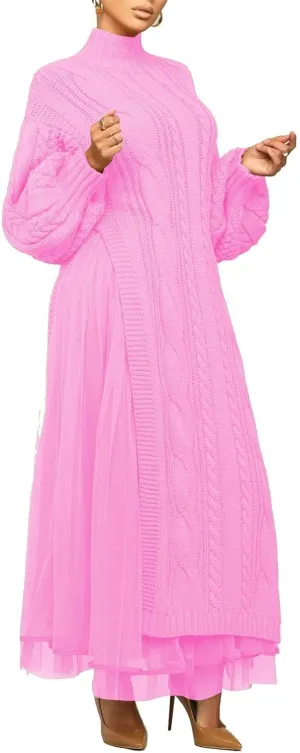 Womens Long Sweater Dress Long Sleeve Turtleneck Cable Knit Lace Slit A Line Pullover Dresses