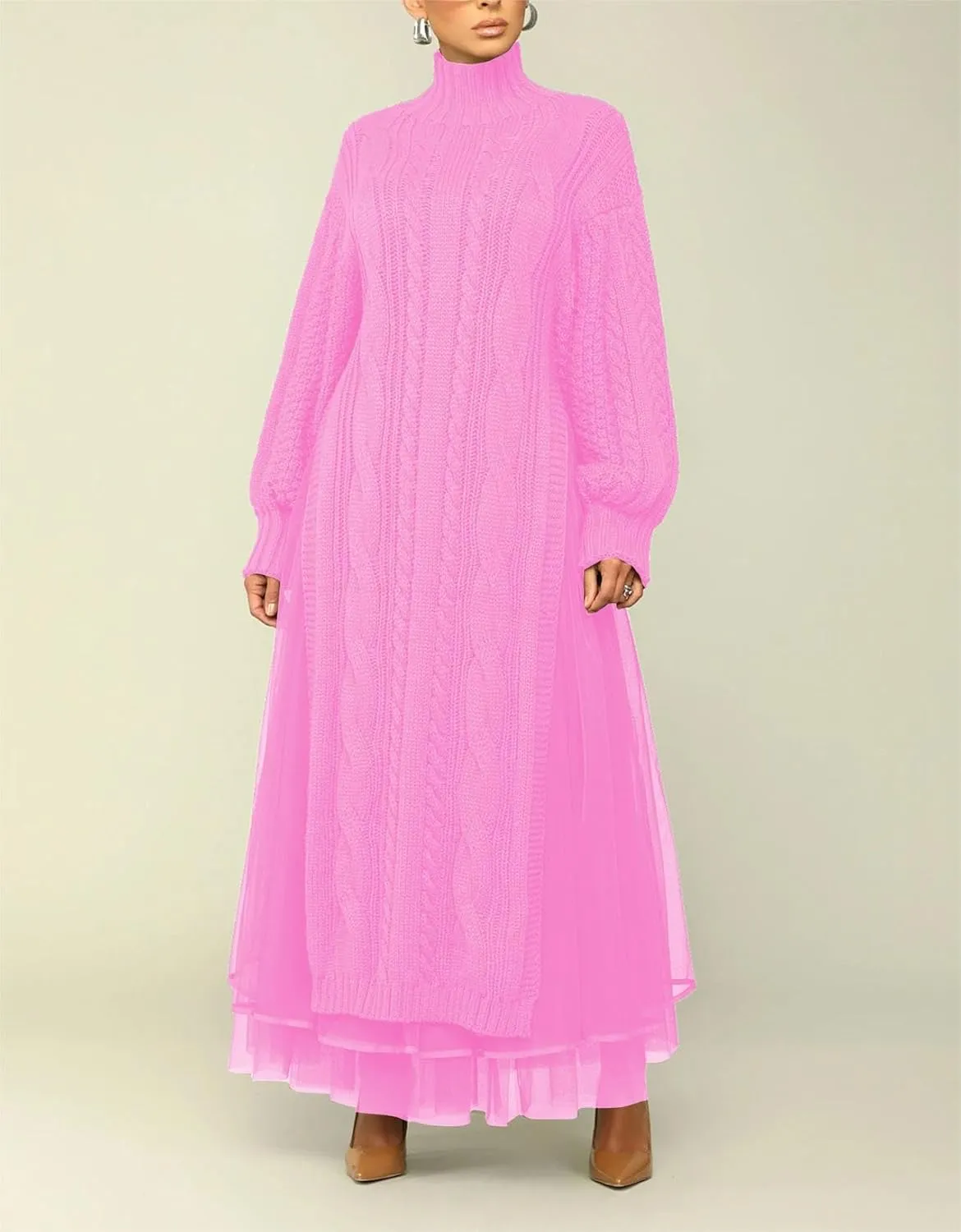Womens Long Sweater Dress Long Sleeve Turtleneck Cable Knit Lace Slit A Line Pullover Dresses