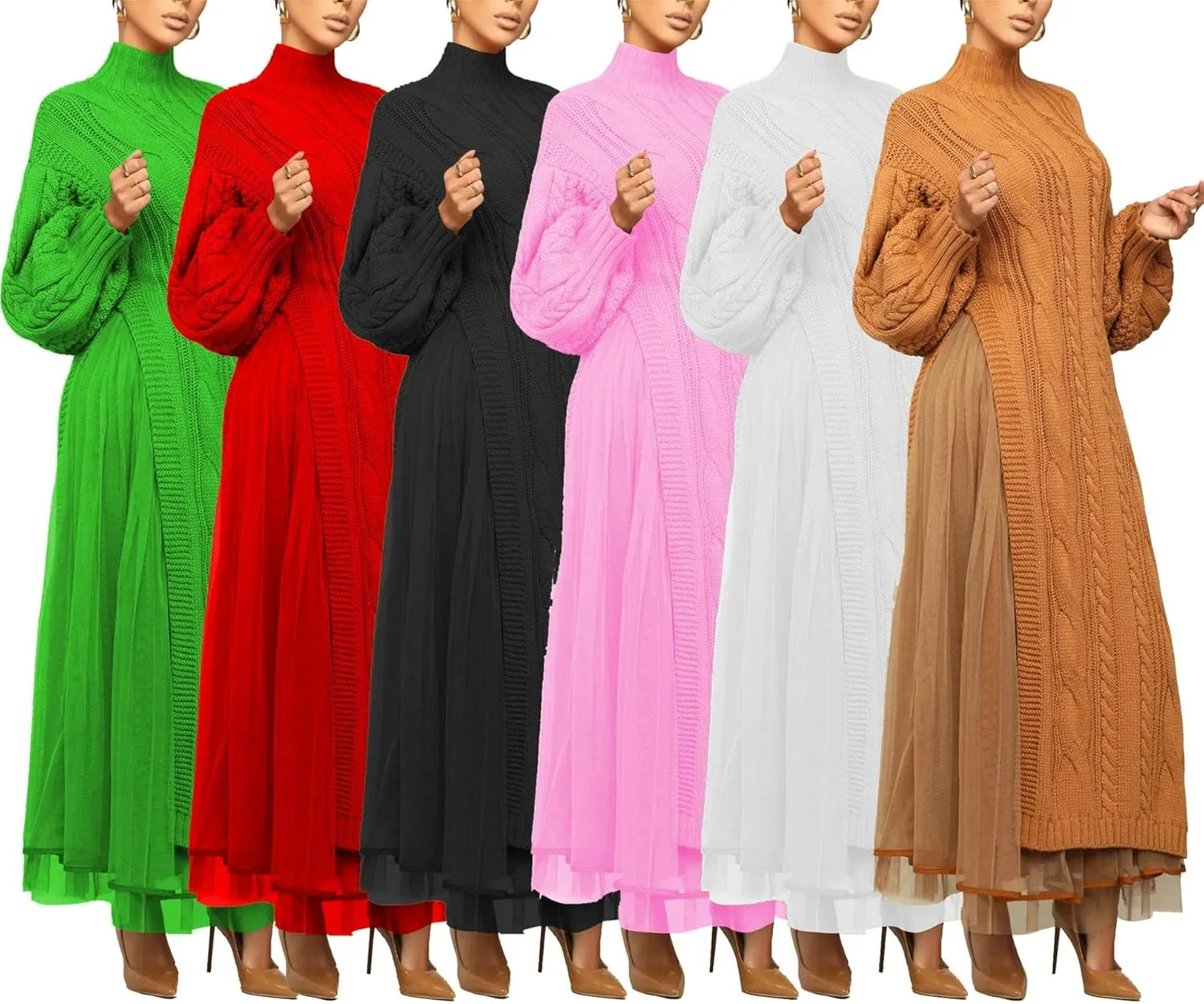 Womens Long Sweater Dress Long Sleeve Turtleneck Cable Knit Lace Slit A Line Pullover Dresses