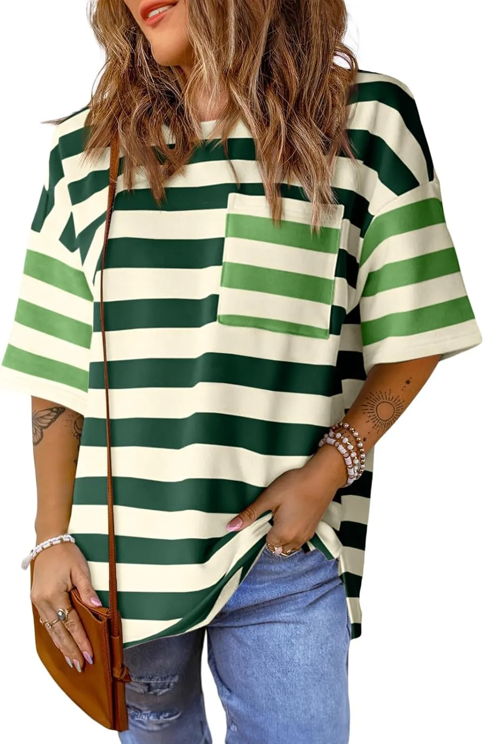 Womens Oversized Color Block Striped Tshirts Summer Casual Short Sleeve Tops Loose Fit Crew Neck Shirts