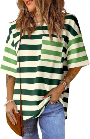 Womens Oversized Color Block Striped Tshirts Summer Casual Short Sleeve Tops Loose Fit Crew Neck Shirts