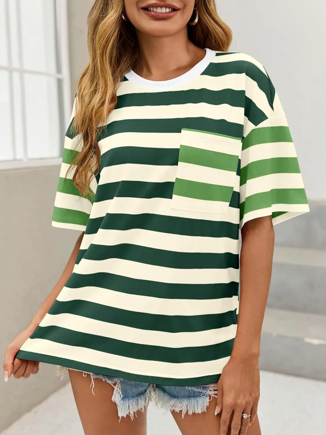 Womens Oversized Color Block Striped Tshirts Summer Casual Short Sleeve Tops Loose Fit Crew Neck Shirts