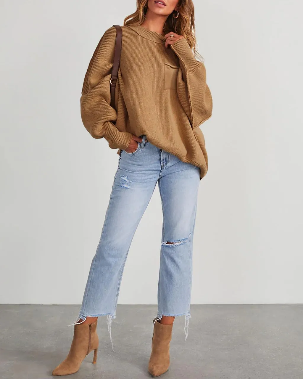 Women's Oversized Sweaters 2025 Crewneck Long Sleeve Ribbed Knit Batwing Pullover Tops