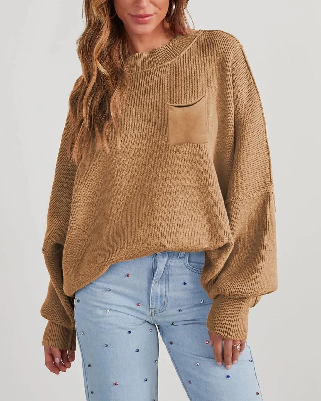 Women's Oversized Sweaters 2025 Crewneck Long Sleeve Ribbed Knit Batwing Pullover Tops