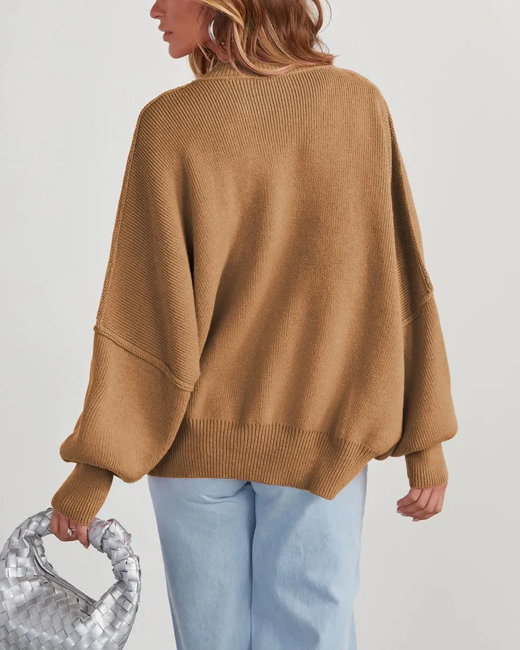Women's Oversized Sweaters 2025 Crewneck Long Sleeve Ribbed Knit Batwing Pullover Tops
