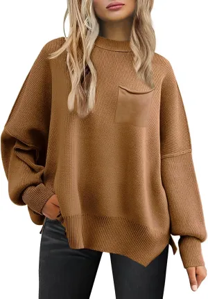 Women's Oversized Sweaters 2025 Crewneck Long Sleeve Ribbed Knit Batwing Pullover Tops