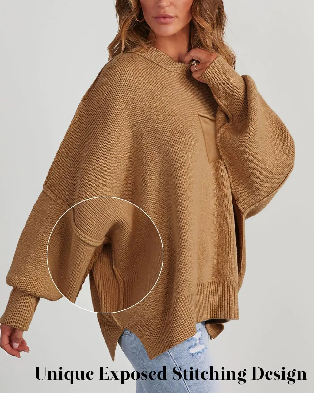 Women's Oversized Sweaters 2025 Crewneck Long Sleeve Ribbed Knit Batwing Pullover Tops
