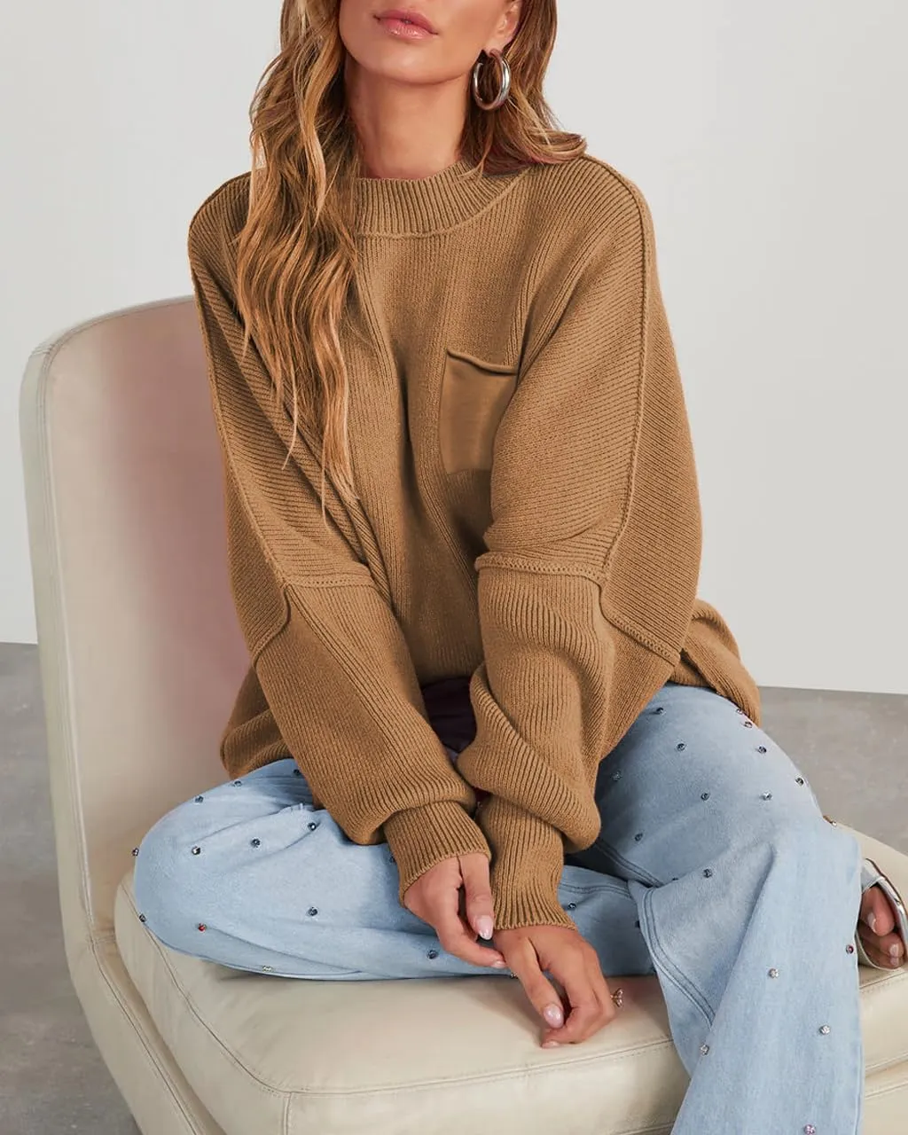 Women's Oversized Sweaters 2025 Crewneck Long Sleeve Ribbed Knit Batwing Pullover Tops