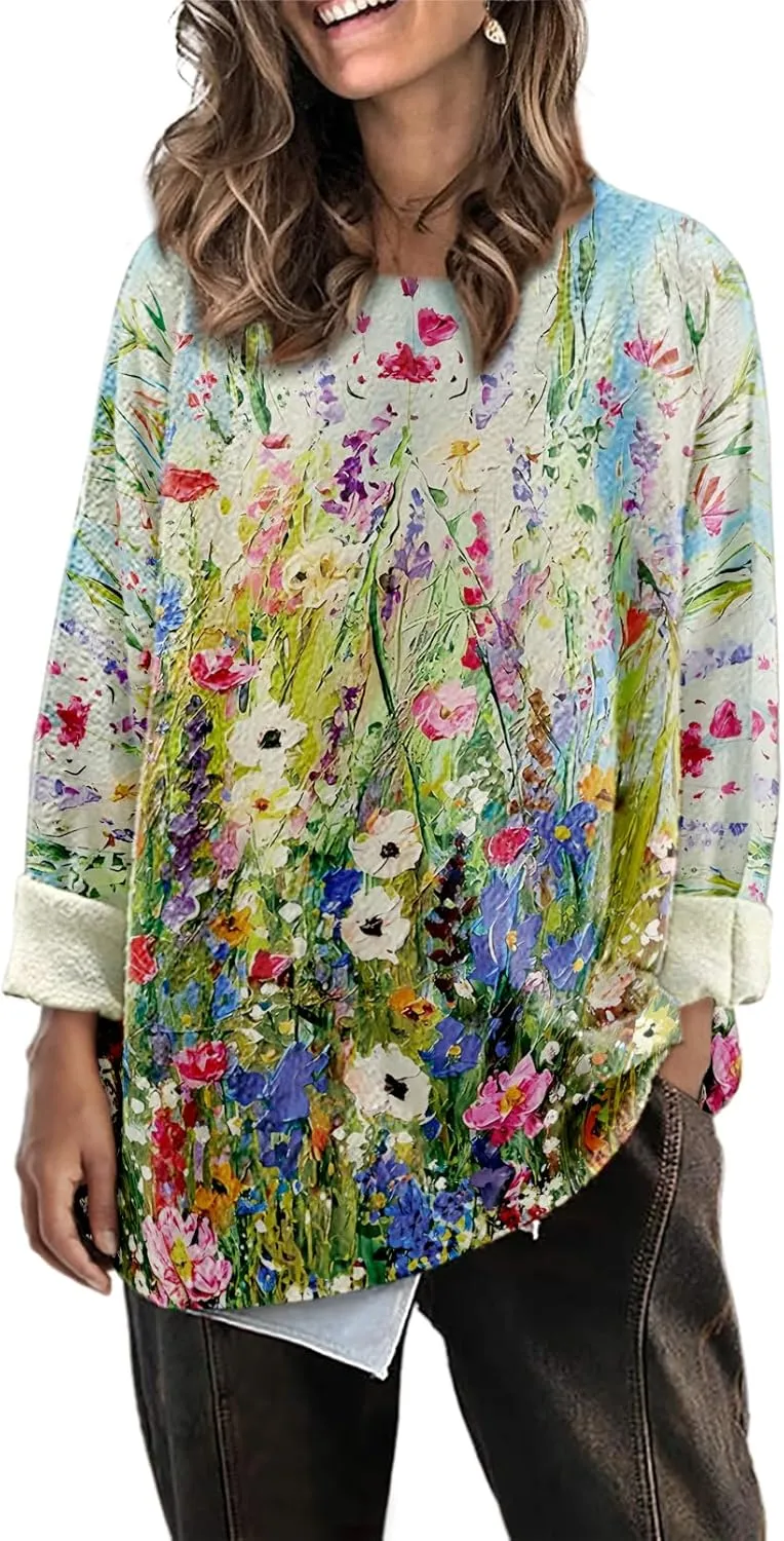 Womens Oversized Sweaters Fall 2024 Crewneck Knit Graphic Printed Pullover Sweater Tops Trendy Outfits