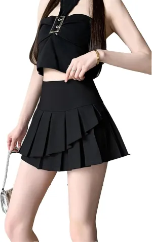 Women's Pleated Mini Skirts High Waist Casual School Sweet Irregular Pleated Ruffles Short Skirt