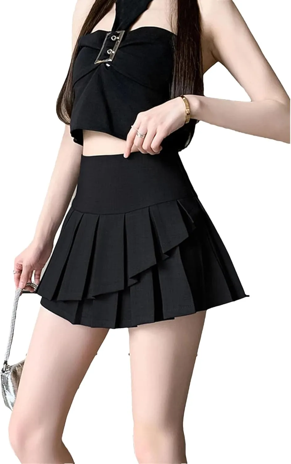 Women's Pleated Mini Skirts High Waist Casual School Sweet Irregular Pleated Ruffles Short Skirt