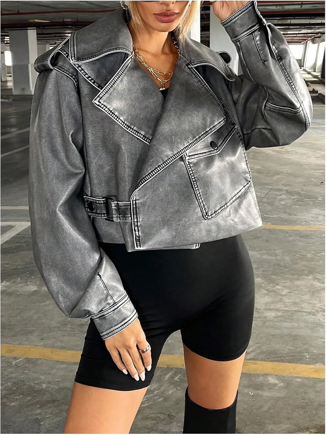 Women's PU Leather Cropped Jacket Long Sleeve Lapel Collar Moto Biker Jacket Outerwear