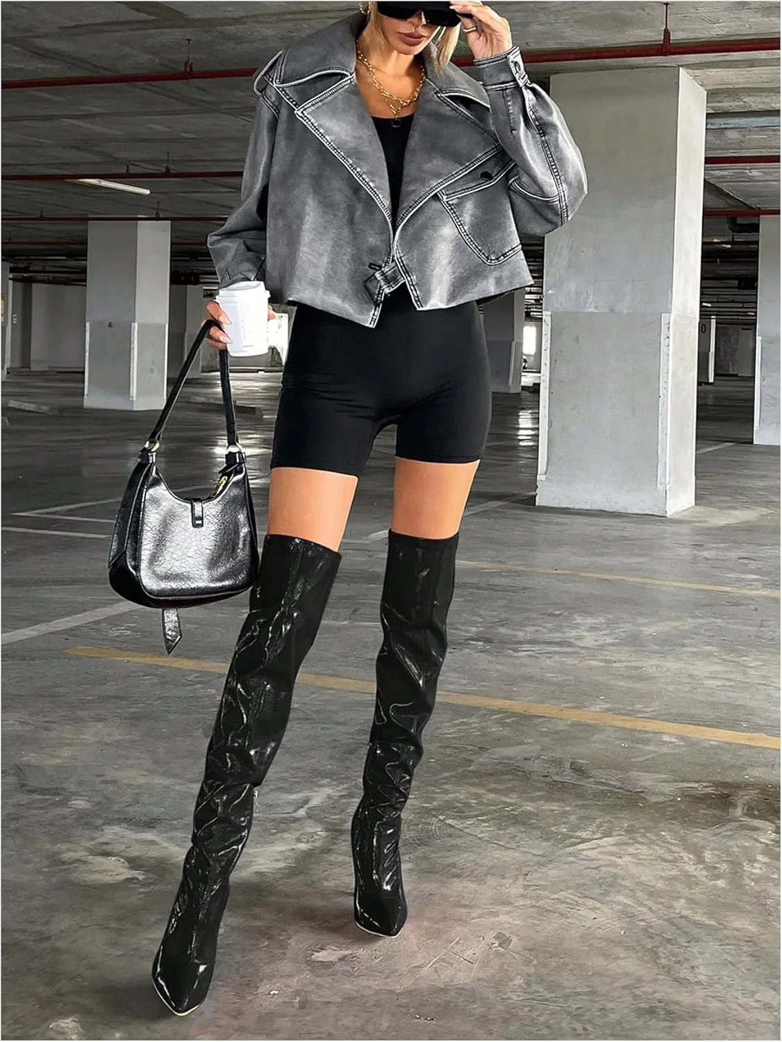 Women's PU Leather Cropped Jacket Long Sleeve Lapel Collar Moto Biker Jacket Outerwear