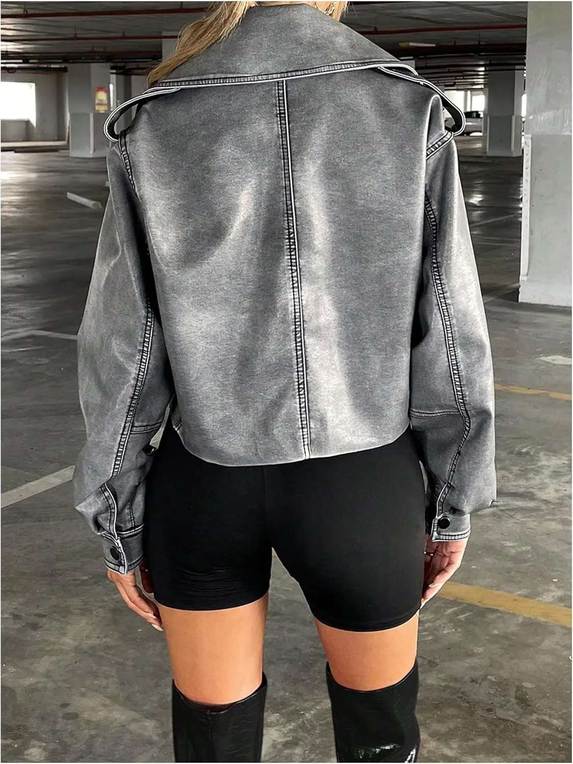 Women's PU Leather Cropped Jacket Long Sleeve Lapel Collar Moto Biker Jacket Outerwear