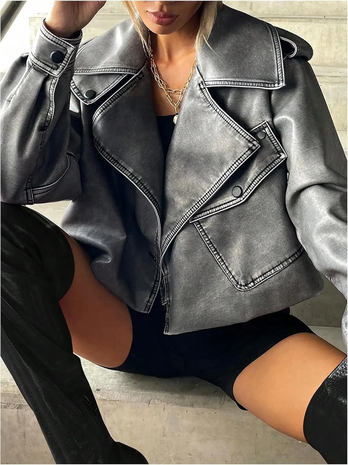 Women's PU Leather Cropped Jacket Long Sleeve Lapel Collar Moto Biker Jacket Outerwear