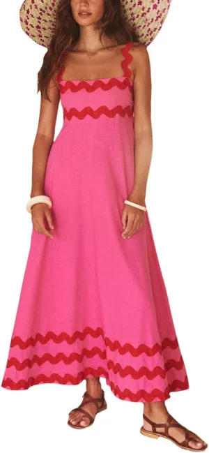 Women's Retro Plaid Maxi Dress 2025 Thick Shoulder Straps Back Cutout Smocked Flounce Hem Summer Beach Long Dress